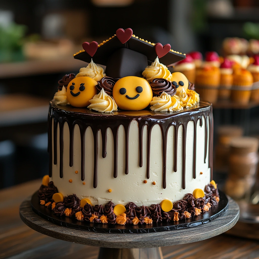 Graduation cake decorated with chocolate drip, smiley face toppers, whipped frosting swirls, and a graduation cap, topped with heart decorations.