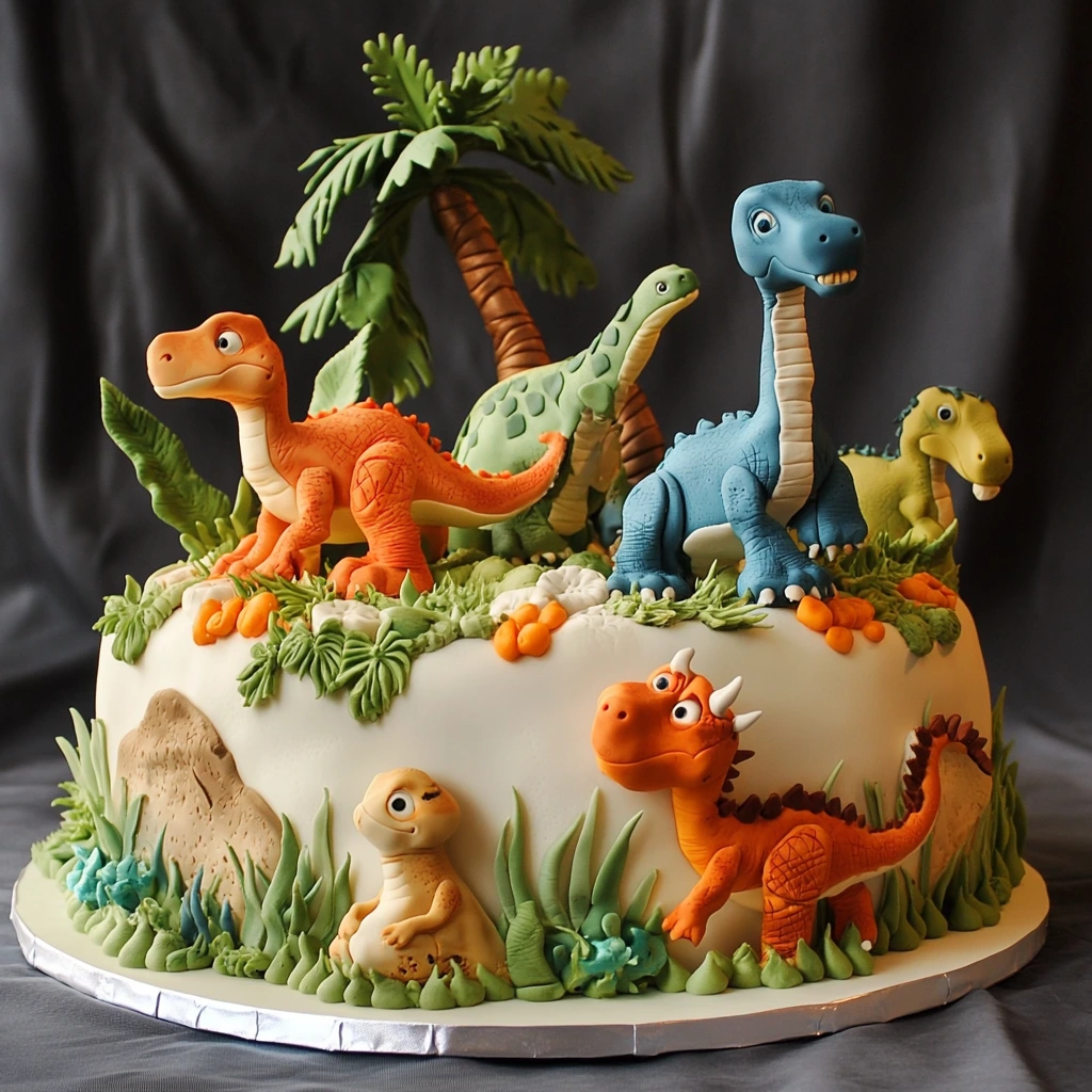 A colorful dinosaur-themed cake decorated with edible dinosaur figurines, palm trees, and vibrant greenery on a white base. The cake features an orange, green, blue, and yellow dinosaur surrounded by a prehistoric jungle-like environment.