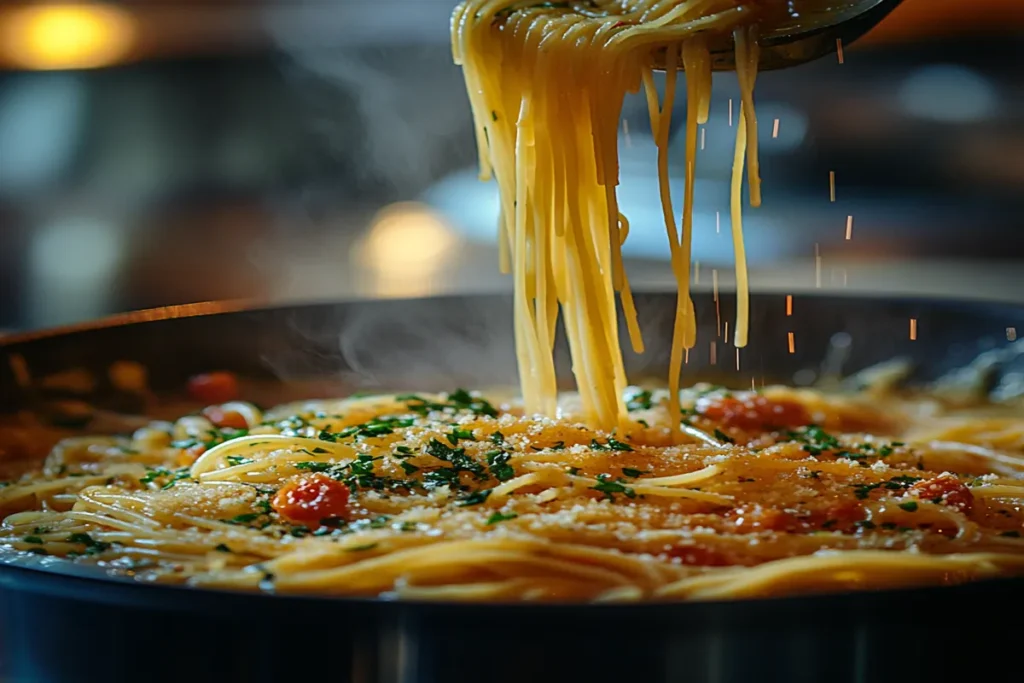 A steaming pot of fresh spaghetti being lifted with a ladle, garnished with parmesan and fresh herbs.