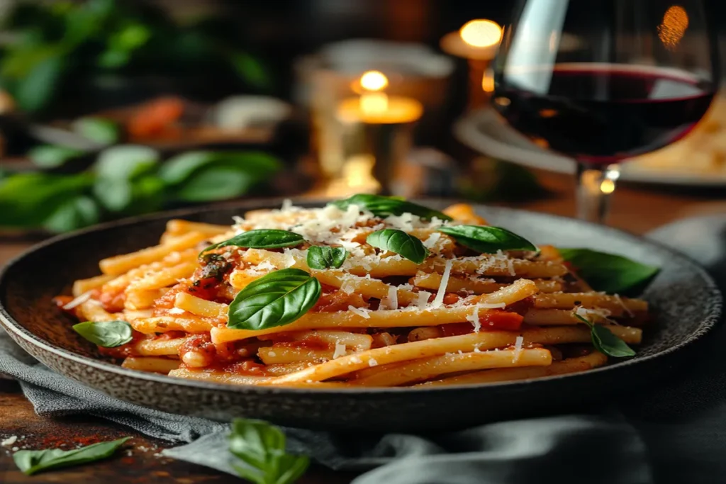 A beautifully plated homemade pasta dish garnished with fresh basil and parmesan cheese, served with a glass of red wine in a cozy dining setting.