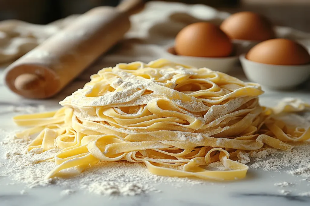 Fresh homemade pasta dusted with flour, resting on a marble surface with a rolling pin and eggs in the background.